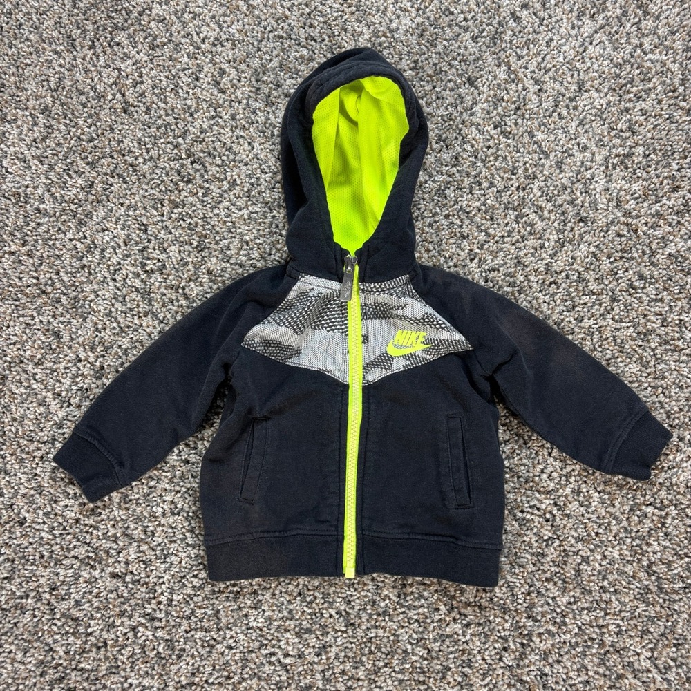 Nike Baby Boy Full Zip Hoodie Black Neon Yellow Chevron Print 0-6M